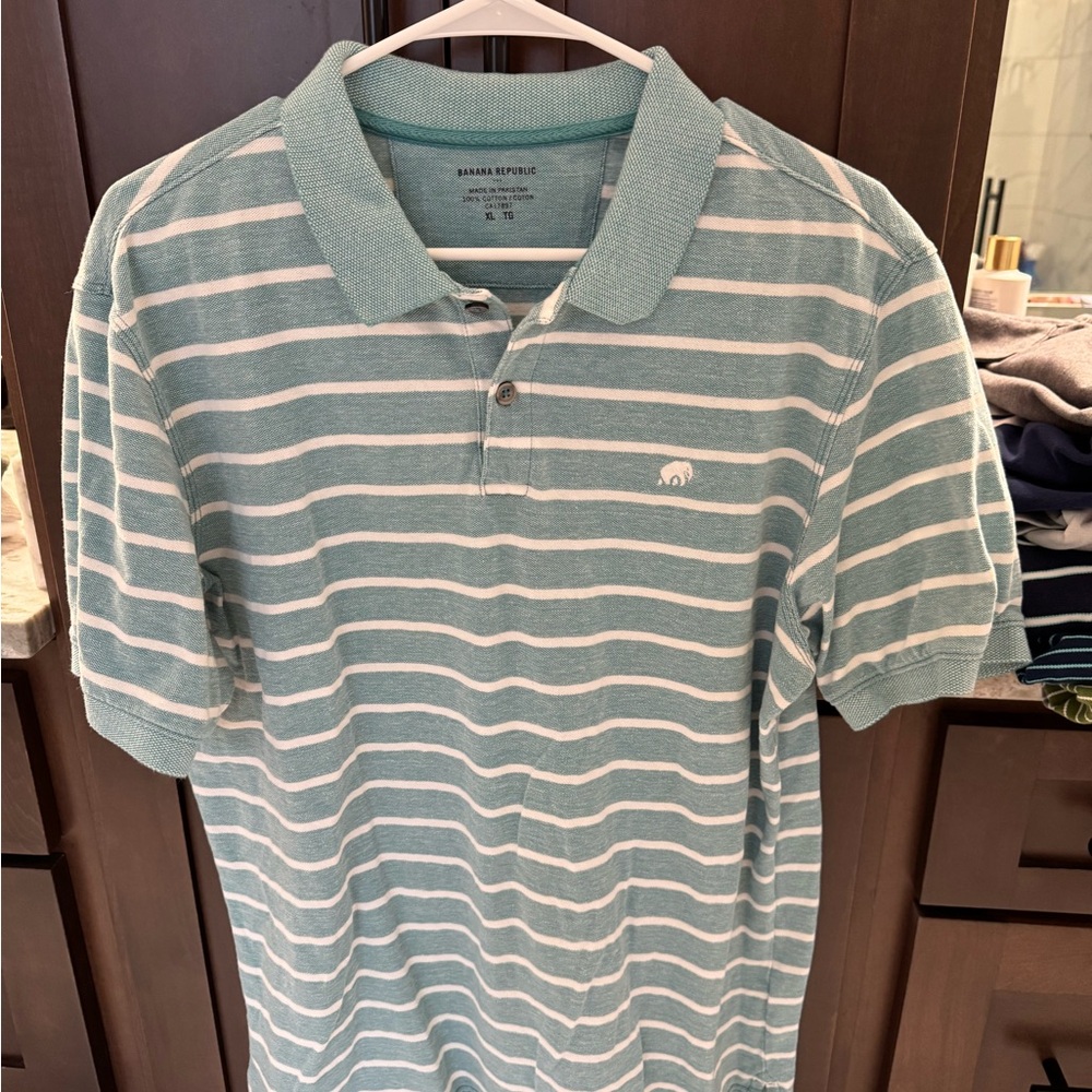 Banana Republic Teal and White Striped Polo Shirt